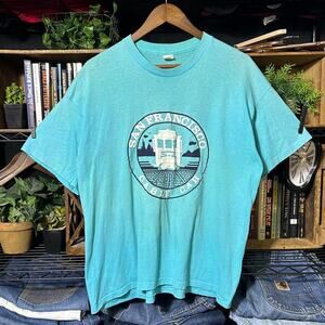 Vintage 80s Single Stitch San Fransisco Cable Car Tee Faded Blue Boxy Shirt XL